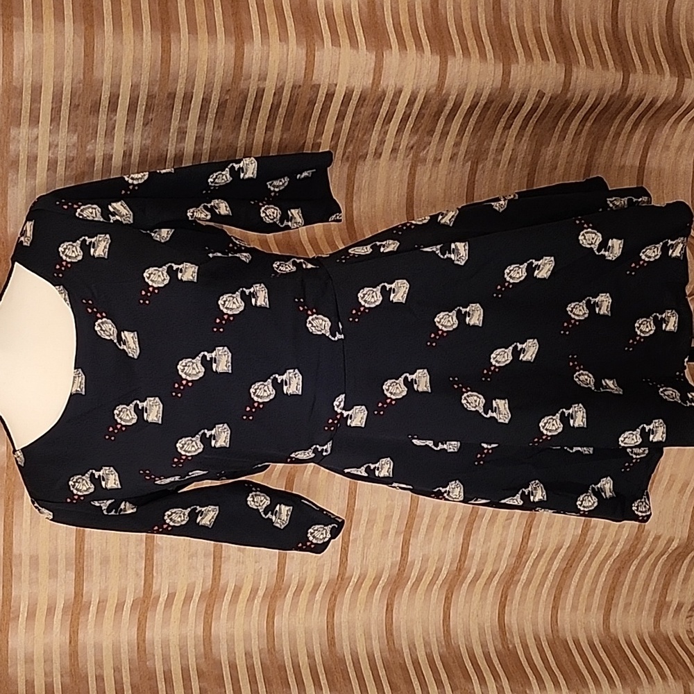 Sugarhill Boutique dress, ModCloth, navy, music antique Victrola, mesh sides, 6